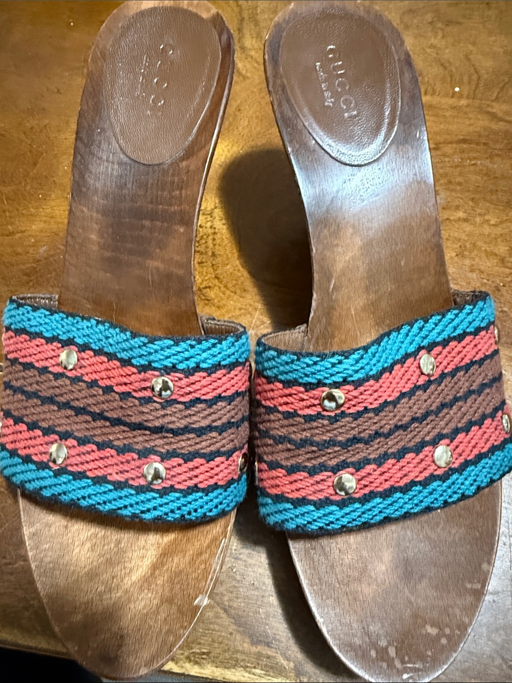 Gucci Brown Leather Mules with Teal and Coral Woven Straps